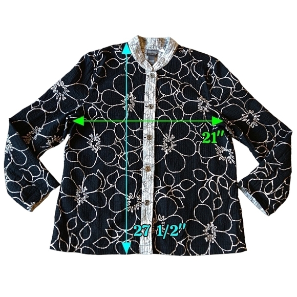 Chico's Additions 100% Cotton Black White Floral Button-Up Lightweight Jacket - Picture 2 of 7